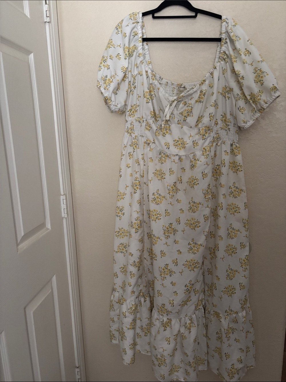 Plus Size Blush White Maxi Dress with Yellow Floral Print